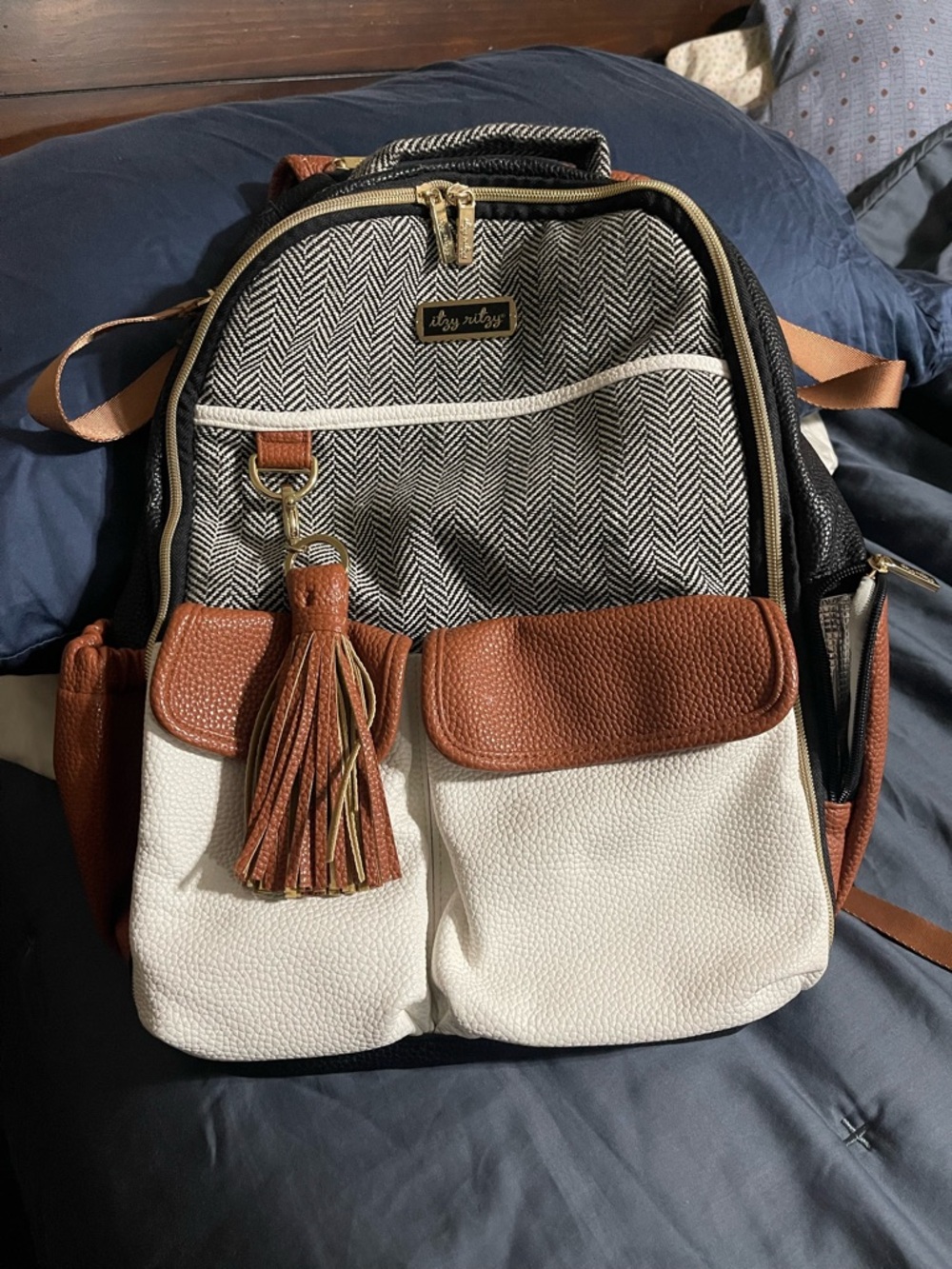 Itzy Ritzy Boss Plus Herringbone,White, black  & Brown Diaper Bag Backpack